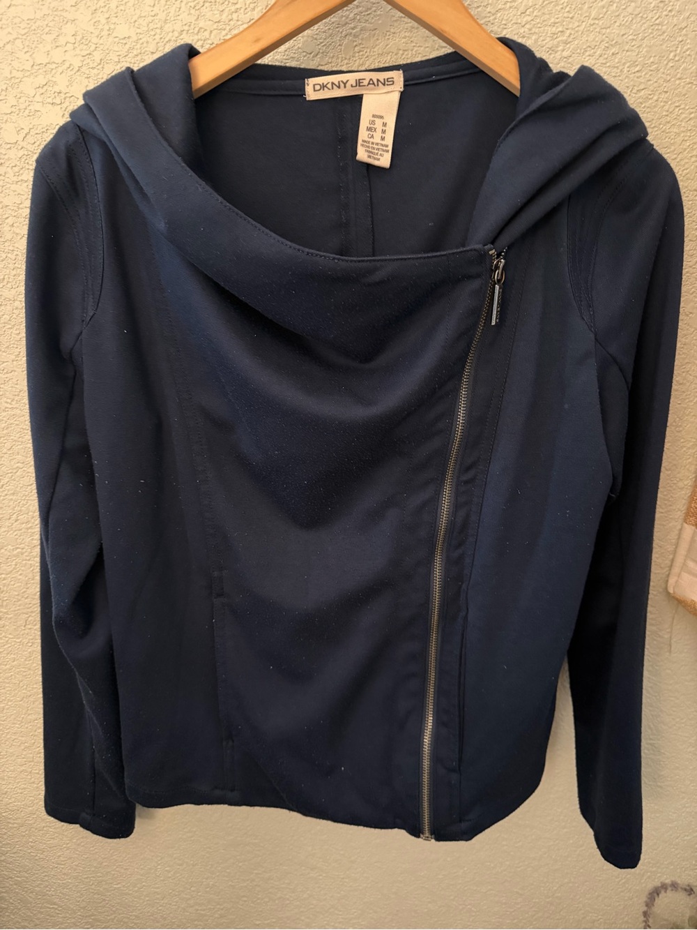 Dkny Navy Asymmetric Zip Hooded Jacket Women's Medium with Stretch